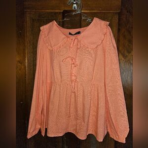 ZESICA Orange Peplum Top M | Tie Front, Puff Sleeves, Lapel Collar NEW